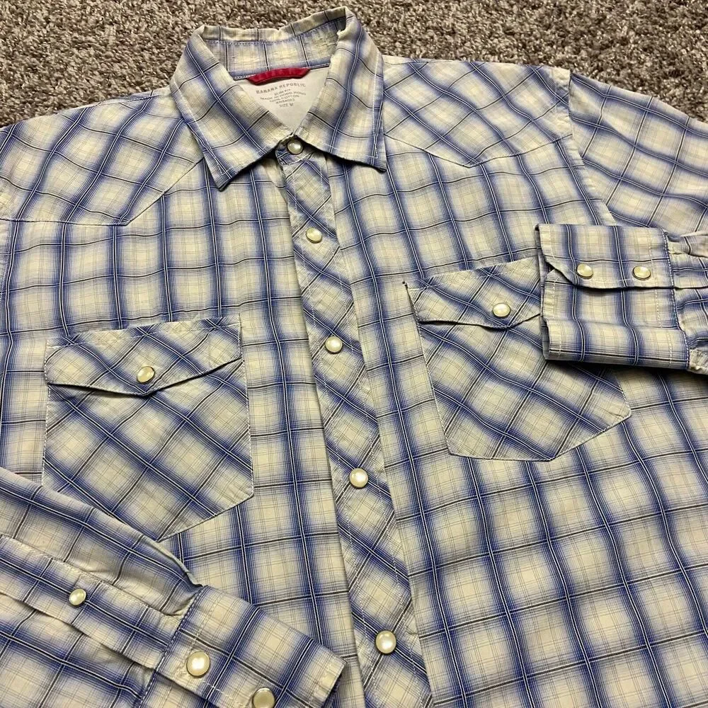 Western Shirt Pearl Snap Plaid Long Sleeve Banana Republic Slim Fit Medium Blue